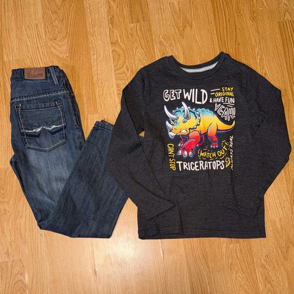 Kids Triceratops Graphic Long Sleeve Shirt and Urban Pipeline Jean